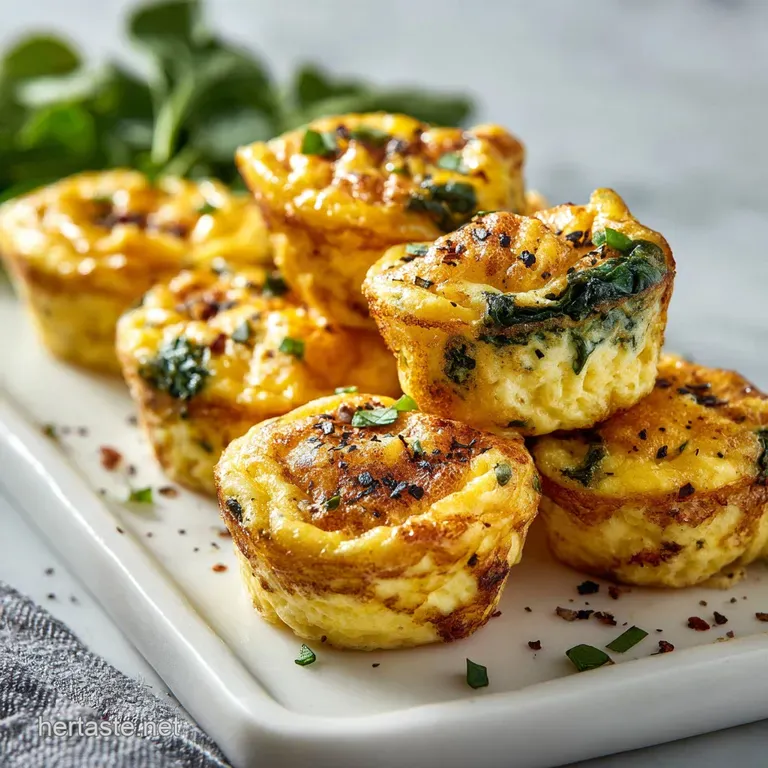 Perfectly round egg bite on a white plate, showcasing a fluffy interior and savory sausage pieces, garnished with fresh ch...