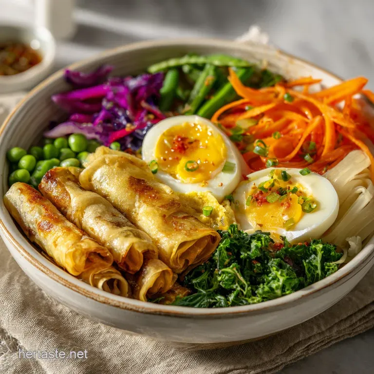 Egg roll in a bowl elegantly plated with a sprinkle of sesame seeds & chopped scallions, steam rising, tempting and ready ...