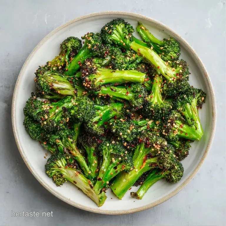 Vibrant green charred broccoli florets topped with golden toasted seeds on a minimalist matte white ceramic platter.