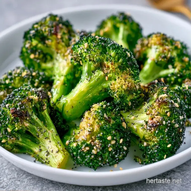 Charred green broccoli florets piled in a matte black bowl, dusted with savory seeds and flaky sea salt.