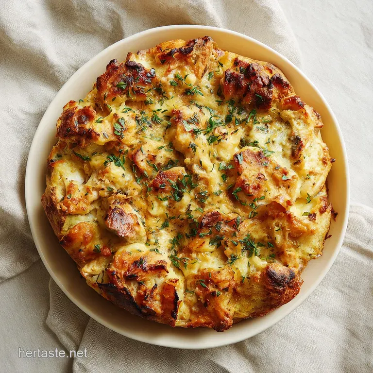 A single serving of rich chicken casserole, golden and crisp, sits on a plate. Garnished with herbs, ready to enjoy its cr...