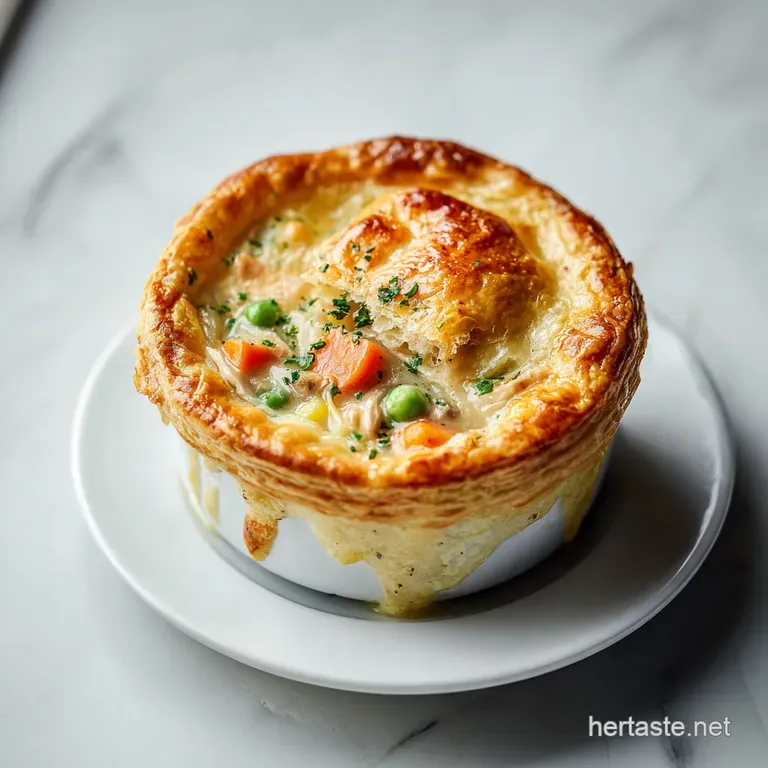 Slice of chicken potpie with a golden, flaky top. Inside, you see chicken and vegetables in a creamy, savory sauce.