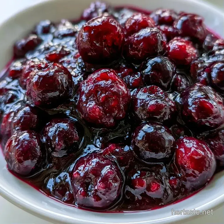 Glossy dark purple berry sauce drizzled over a dollop of fluffy white cream, garnished with a fresh mint leaf.
