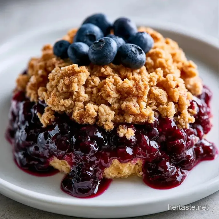 A scoop of warm, bubbling purple fruit dessert in a glass ramekin with a golden oat topping and fresh mint.