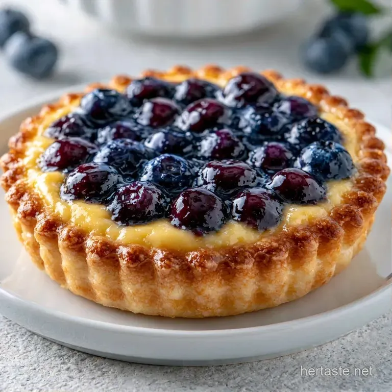 A neat slice of creamy purple custard pie on a white plate, garnished with a sprig of mint and fresh blueberries.