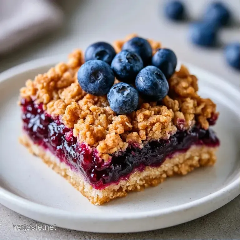 A square slice of berry bars on a white plate, topped with a dusting of powdered sugar and a fresh blueberry.
