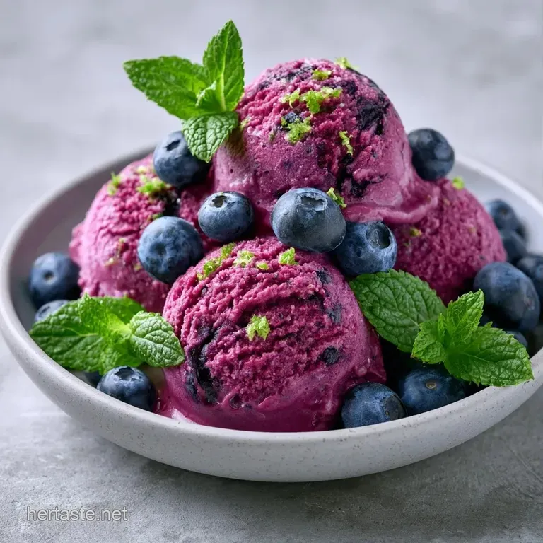 Lavender-hued frozen dessert swirls garnished with a fresh mint leaf and berries on a white marble plate.