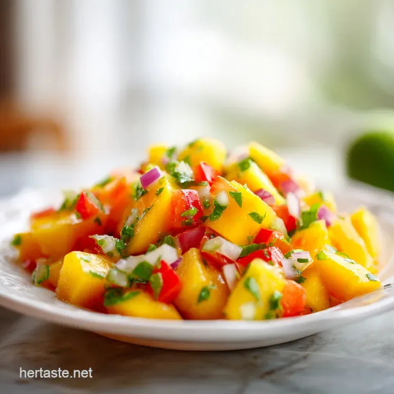 Bright mango salsa served in a glass bowl, next to crispy tortilla chips. The fruit salsa looks vibrant, with a light shee...