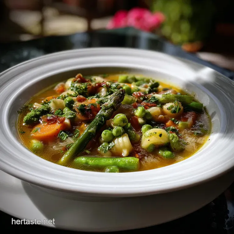 Elegant bowl of bright green soup garnished with fresh herbs and a swirl of olive oil. Delicate texture, a light and healt...