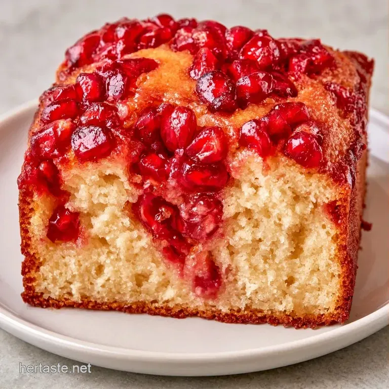 A single slice of fluffy white cake on a ceramic plate, crowned with juicy crimson seeds and a mint leaf sprig.