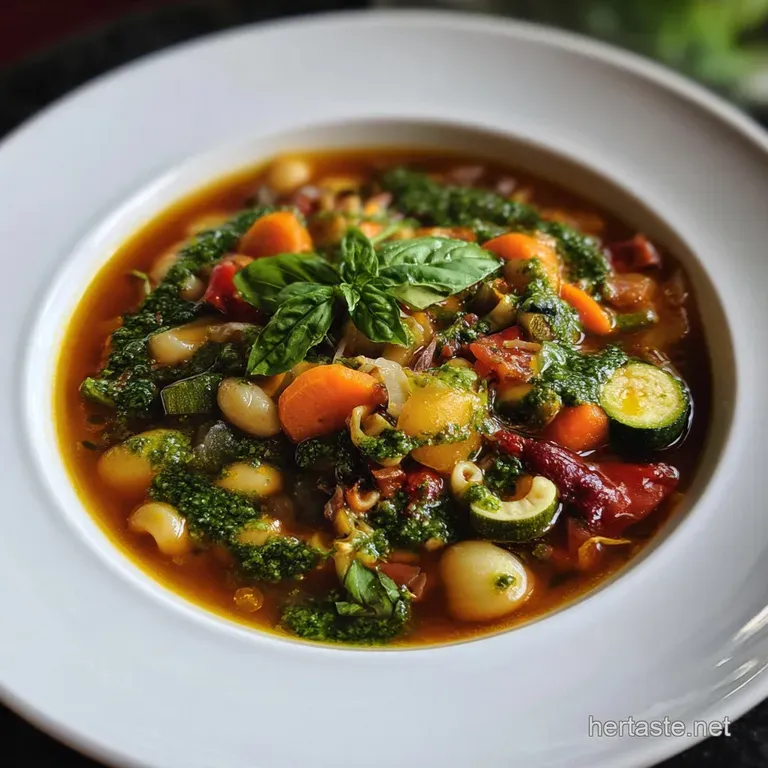 Summer Minestrone Soup with Fresh Pesto Drizzle presentation