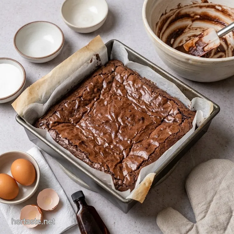 Baked fudgy brownies with a shiny crackled top in a lined baking pan