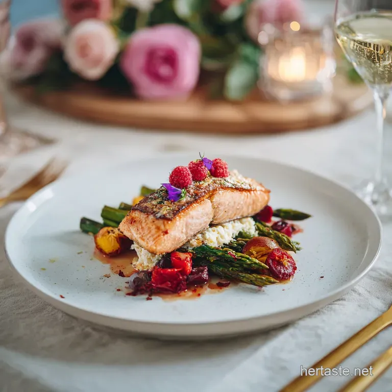 Elegant plate featuring flaky salmon with golden crust, tender asparagus, and roasted red peppers, drizzled with bright sa...