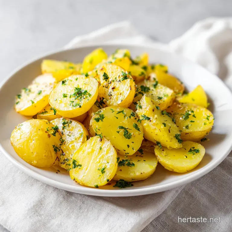 Creamy, cheesy potato casserole with a bubbly, golden-brown crust, served in a rustic ceramic dish alongside a sprig of fr...