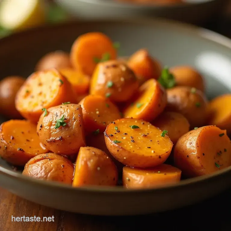 Properly Golden Garlic Butter Roasted Sweet Potatoes presentation