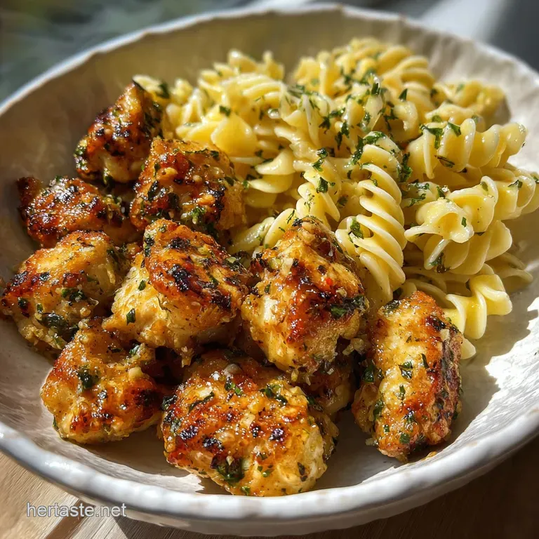 Plated pasta with garlic chicken parm, glistening with sauce. Garnished with vibrant basil, a comforting and savory Italia...