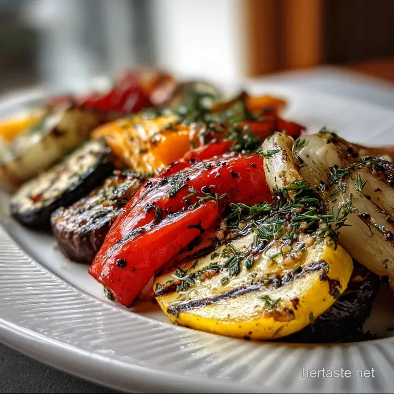 Artfully arranged grilled vegetables with a drizzle of olive oil, garnished with fresh herbs, a splash of color on a white...