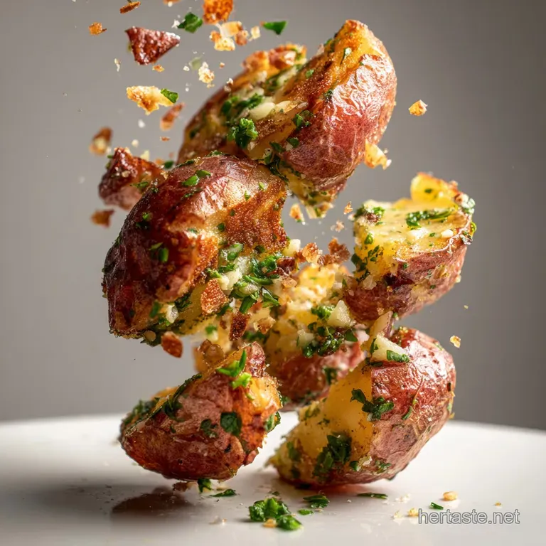 Steaming red potatoes glistening with oil, herbs, and garlic, arranged beautifully on a white plate.