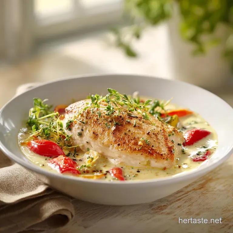 A glistening chicken breast, perfectly seared, rests atop a swirl of creamy garlic sauce with a sprinkle of herbs.