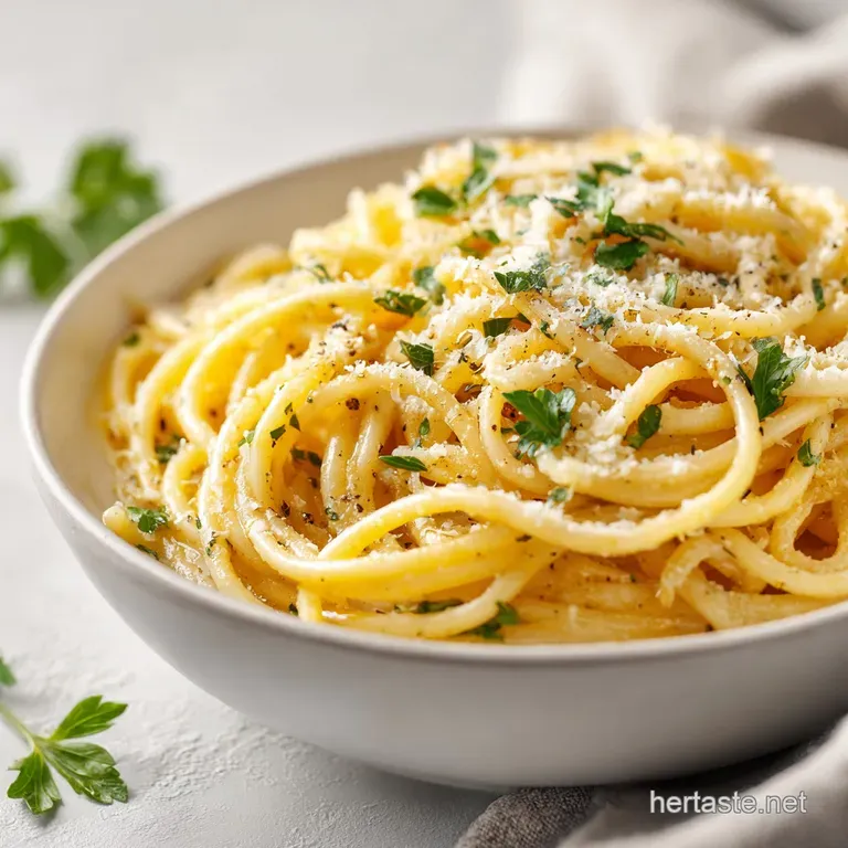 Elegant strands of linguine tossed in a glossy garlic Parmesan sauce, garnished with fresh parsley sprigs.