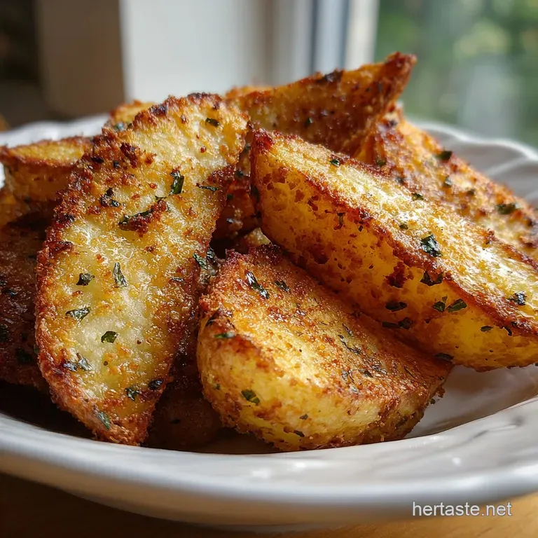 Crispy potato wedges, steaming, artfully arranged on a white plate, sprinkled with fresh parsley, tempting and flavorful.