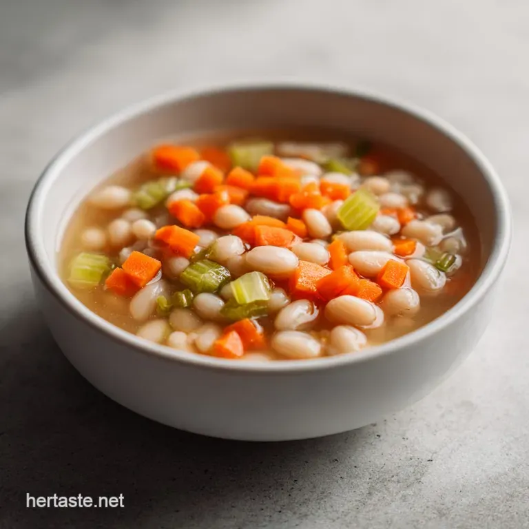Velvety white bean mash in a shallow ceramic bowl topped with saut&eacute;ed garlic slices and a sprig of fresh rosemary.