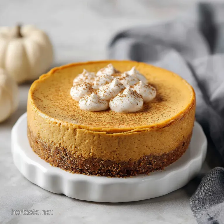 Creamy pumpkin cheesecake with a spiced gingersnap crust, artfully plated with swirls of whipped cream.