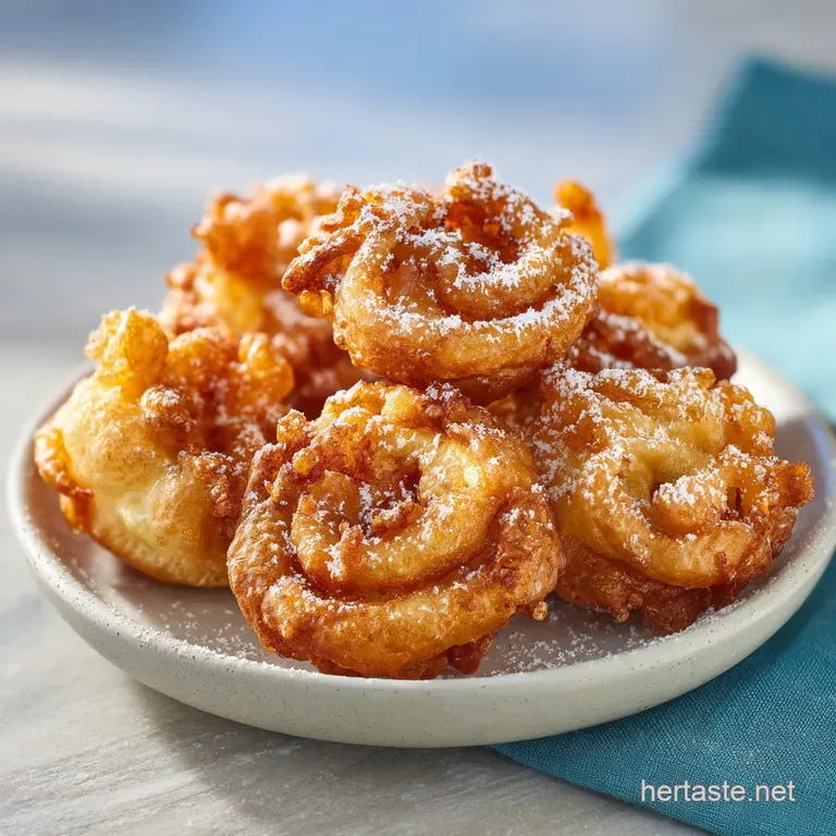 Delicate funnel cake bites artfully scattered on a white plate with a dusting of sugar.