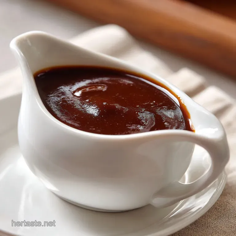 A white porcelain gravy boat overflowing with a glossy, dark brown sauce accented by a fresh sprig of green thyme.