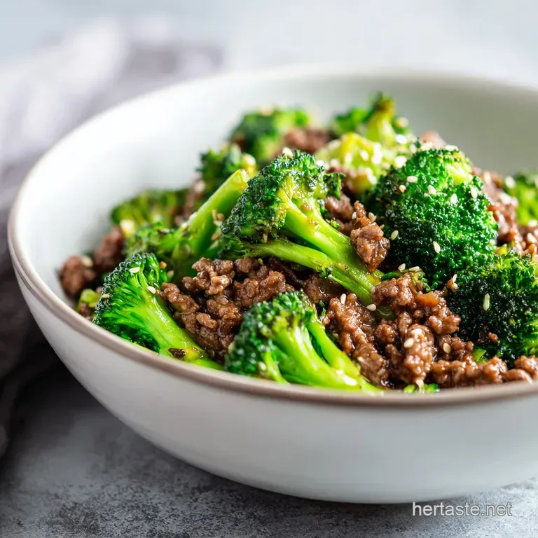 Thinly sliced seared beef and crisp broccoli artfully arranged in a shallow white bowl, a sprinkle of sesame.
