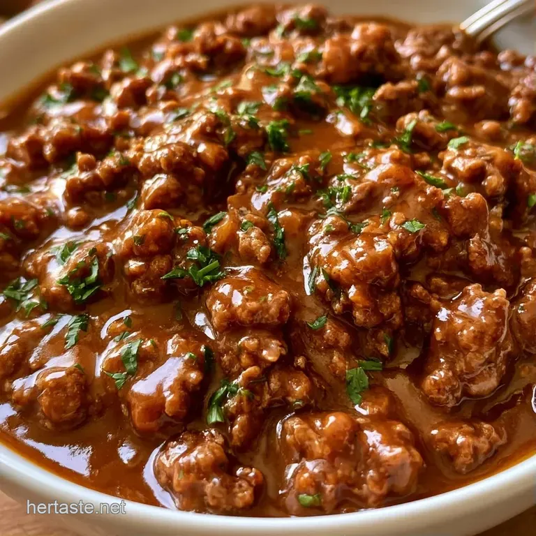 A wide ceramic bowl filled with savory browned crumbles in a thick sauce, topped with a sprig of fresh parsley.