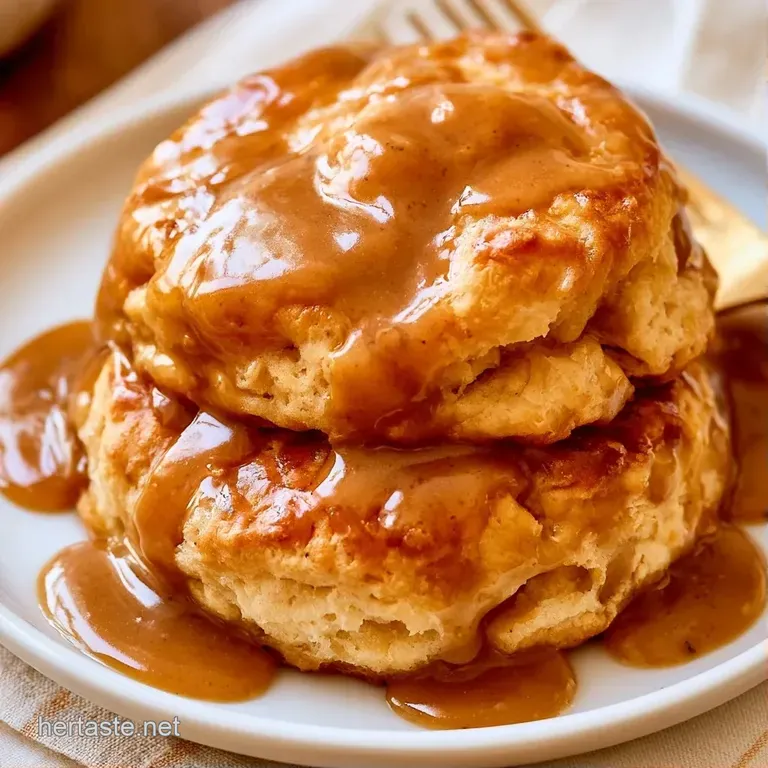 Two flaky golden biscuits on a white ceramic plate, smothered in thick brown gravy and topped with a sprig of parsley.
