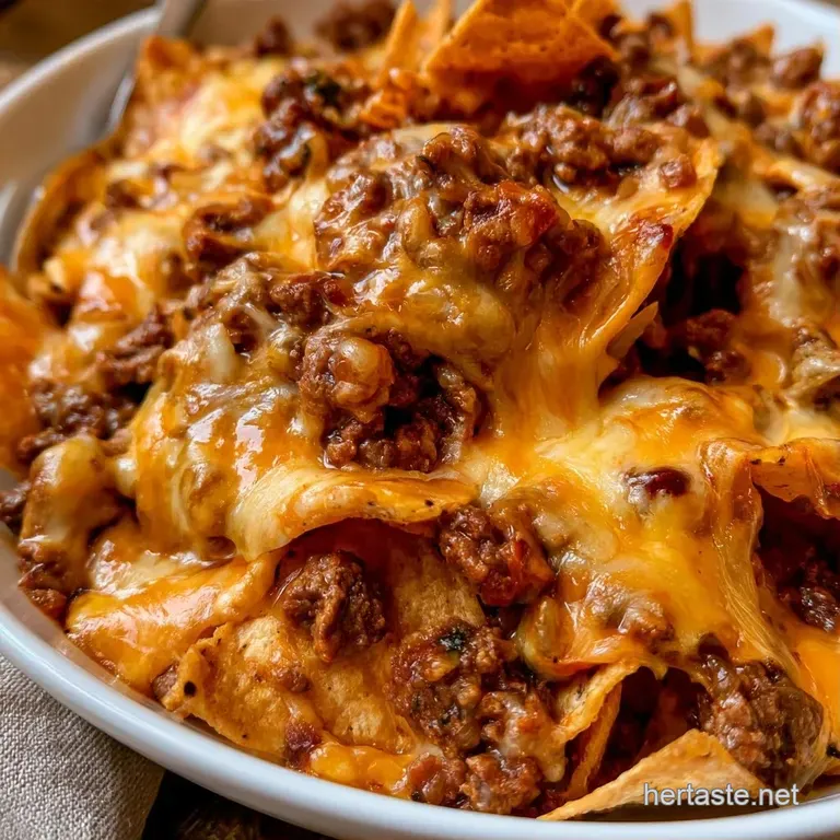 Golden chips layered with molten cheese and savory meat, garnished with fresh greens on a slate board.
