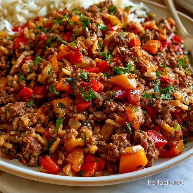 Savory browned beef and glossy red and green peppers neatly plated on a white ceramic dish with fresh green herbs.