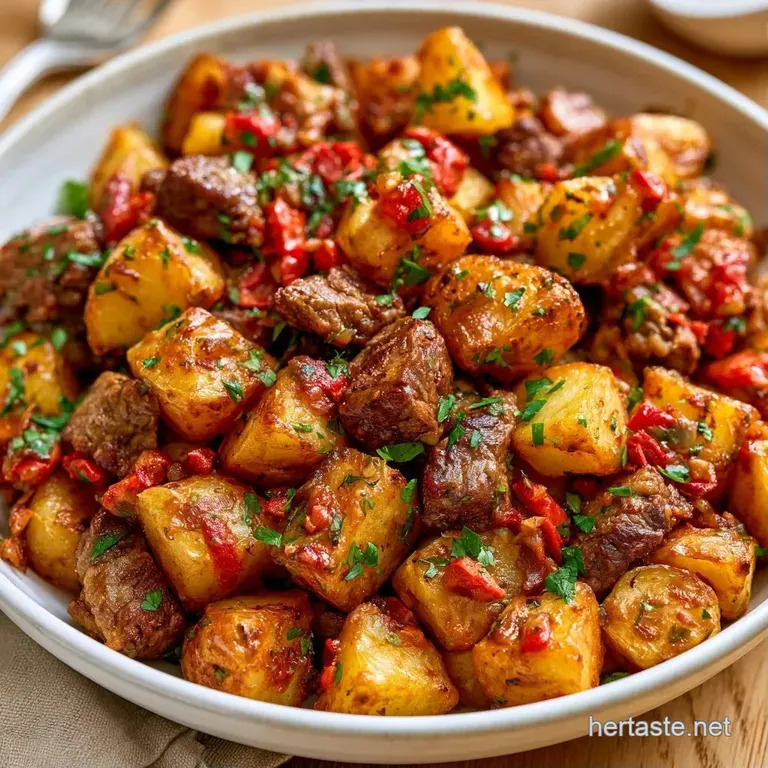 Golden potato cubes and browned beef topped with fresh scallions, elegantly plated on a minimalist ceramic dish.