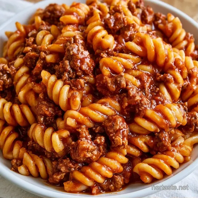 Deep red beefy pasta piled in a white bowl, garnished with fresh green herbs and a dusting of grated parmesan.