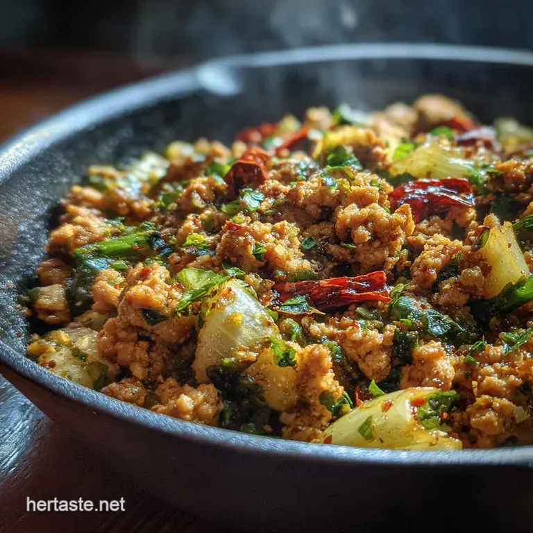 A delicately plated serving of ground chicken, herbs, and garlic, showcasing its rustic texture and inviting earthy tones.