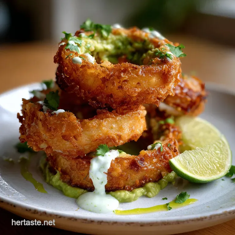 Guacamole Stuffed Onion Rings with Zesty Lime Crema presentation