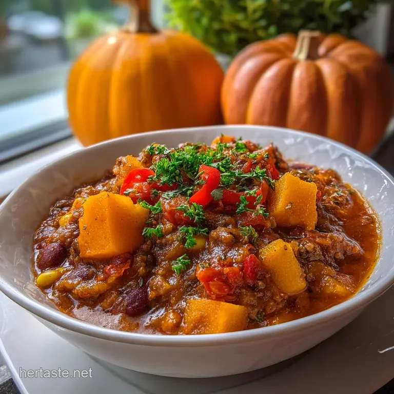 A bowl filled with warm pumpkin chili; swirls of cream on top complement crusty bread. A simple & inviting Halloween dish.