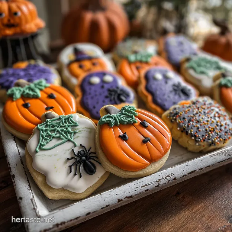 Festive Halloween sugar cookies displayed in a miniature coffin. Icing details create ghosts, pumpkins, and bats on a spoo...