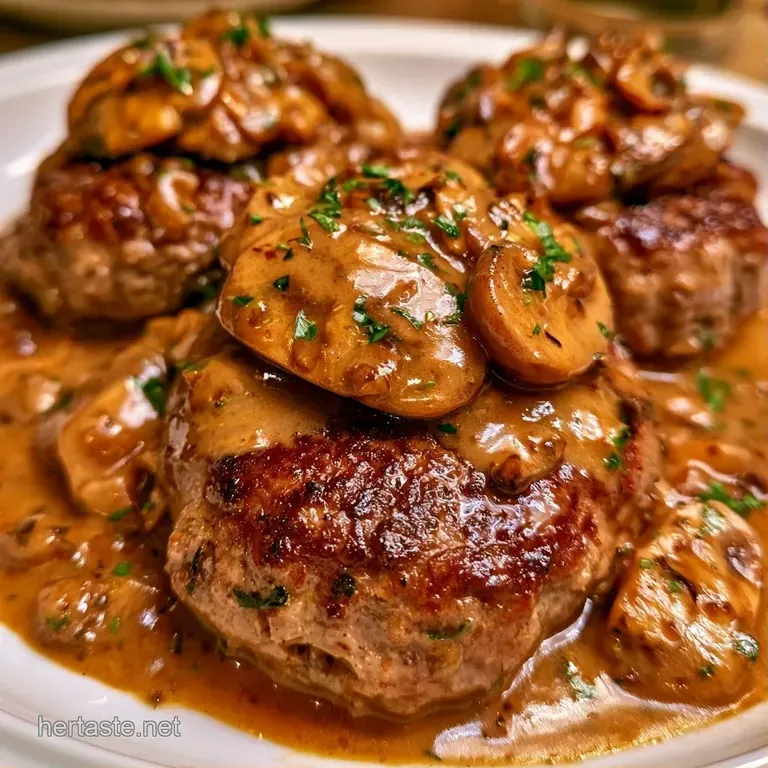 Perfectly seared beef patties topped with rich, glossy brown gravy and a sprinkle of bright green parsley flakes.