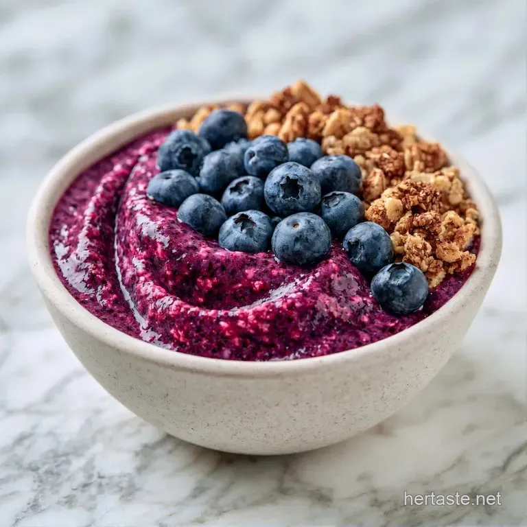 Vibrant purple smoothie in a white ceramic bowl topped with rows of sliced banana, blueberries, and hemp seeds.