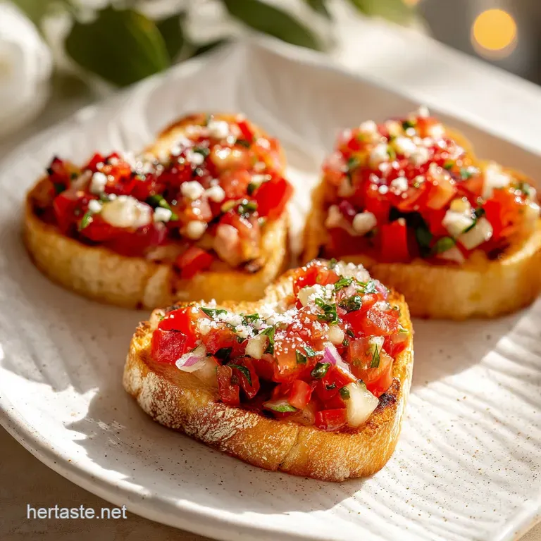 Elegant arrangement of heart-shaped bruschetta on a white plate, drizzled with olive oil, ready for serving at Valentine's...