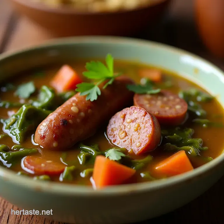 The Bayou Bloom Hearty Turnip Green and Smoked Sausage Supper Soup presentation