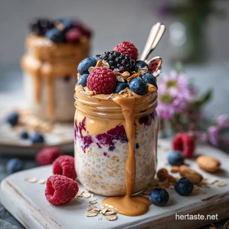 Elegant parfait glass filled with layered overnight oats, peanut butter, and mixed berries. A spoon invites you to taste t...