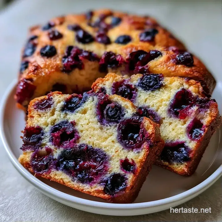 Thick slice of moist, golden cake on a white ceramic plate with melting butter and a dusting of powdered sugar.
