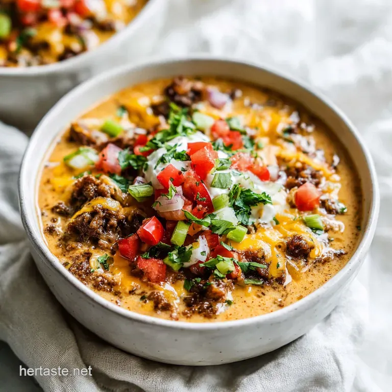 A rustic cast iron skillet filled with rich, creamy queso, garnished with vibrant red peppers and green onions.