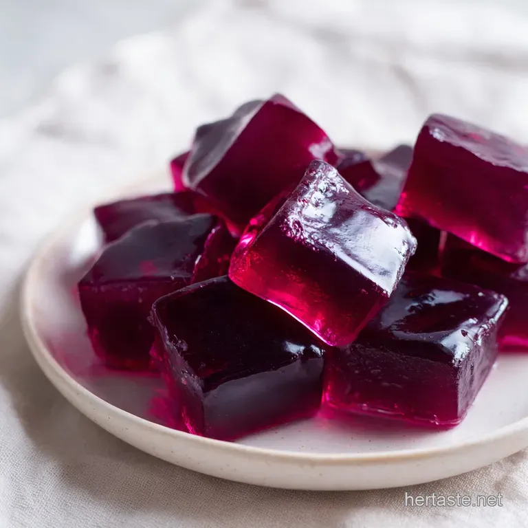 Glossy, dark purple gelatin cubes arranged in a precise grid on a matte grey surface for a modern aesthetic.