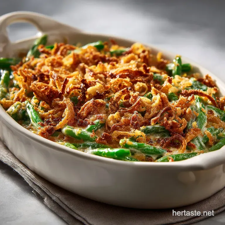 A serving spoon scoops creamy green bean casserole onto a white plate, showcasing crispy fried onions.