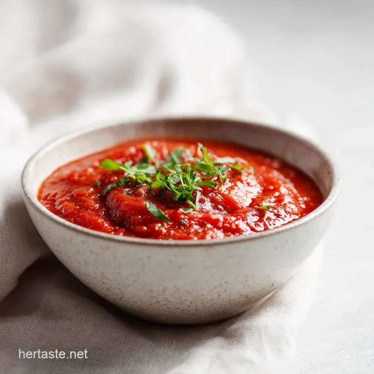 A rustic bowl brimming with simmering marinara sauce, topped with fresh basil leaves.